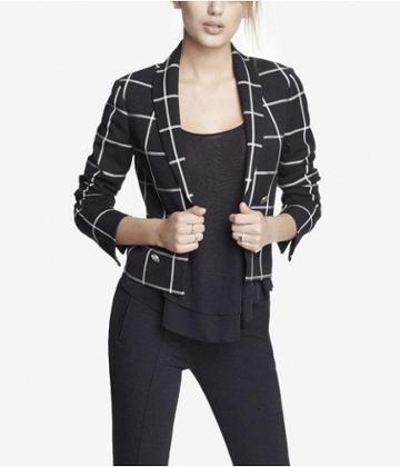 Express Womens 20 Inch Windowpane Plaid Peak Lapel Jacket Black