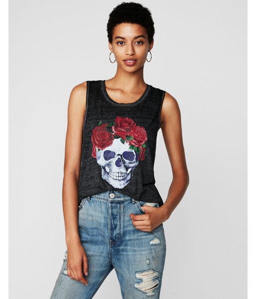 Express Womens Express One Eleven Rose Skull Graphic Tank