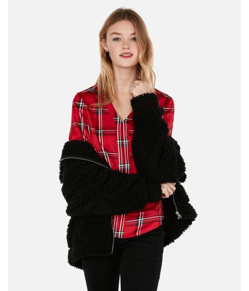 Express Womens Satin Plaid Chelsea Popover