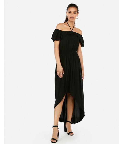 Express Womens Off The Shoulder Halter Tie Ruffle Hi-lo