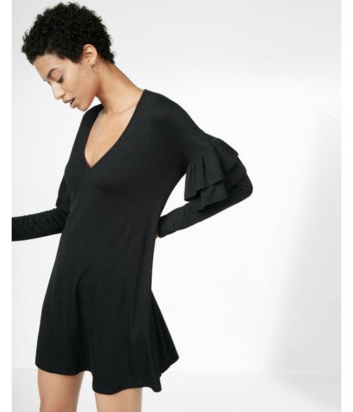 Express Ruffle Long Sleeve Trapeze Dress