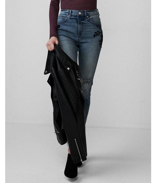 Express Womens Express Womens Petite Super High Waisted Embroidered Denim Perfect Stretch+ Ankle
