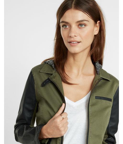 Express Womens Twill And Faux Leather Hooded Jacket