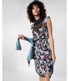 Express Floral Print Pieced Lace High Neck Dress