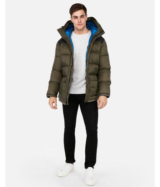 Express Mens Olive Green Color Block Hooded Parka