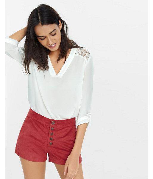 Express Womens Ivory Deep V-neck Lace Yoke Blouse