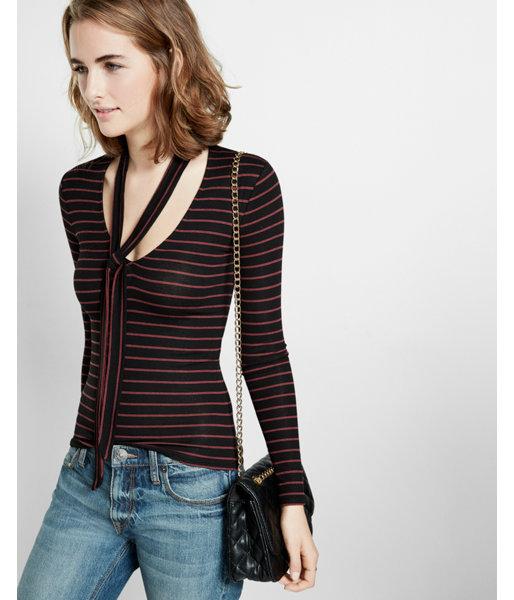 Express Womens Simple Stripe Ribbed Tie Neck Tee