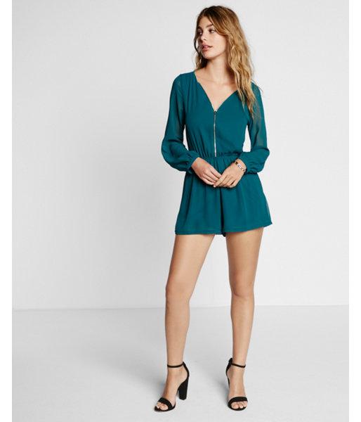 Express Womens Long Sleeve Zip Front Romper