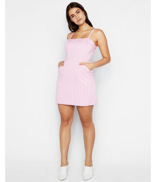 Express Womens Gingham Clean Fit And Flare Cami Dress