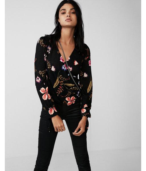 Express Womens Floral Print Surplice Wrap Tie Cuff Blouse
