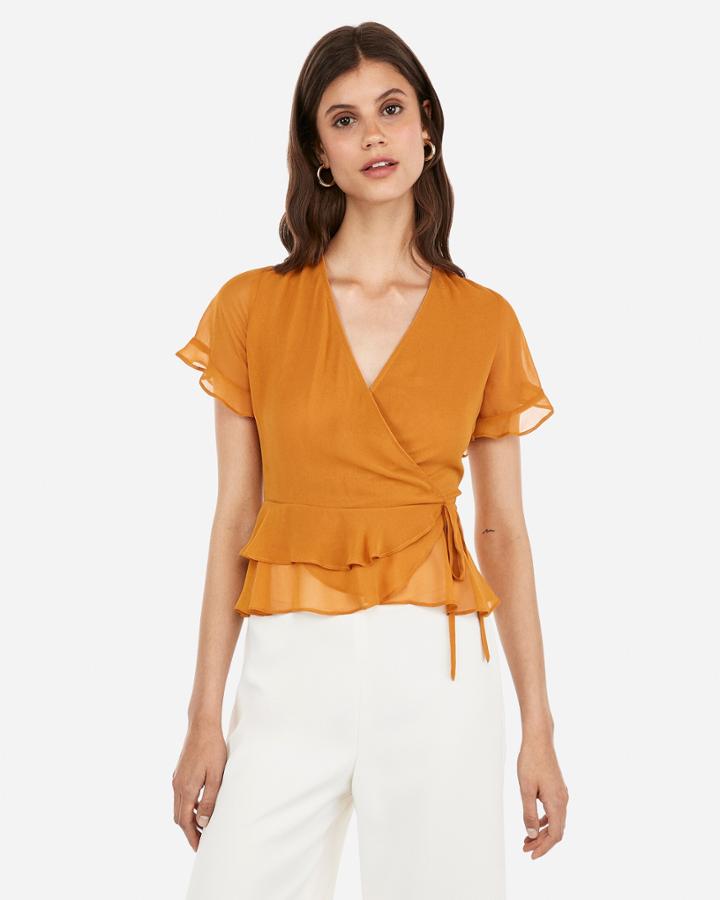 Express Womens Surplice Tie Front Ruffle Hem Top