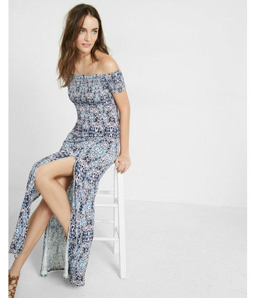 Express Womens Printed Smocked Off The Shoulder