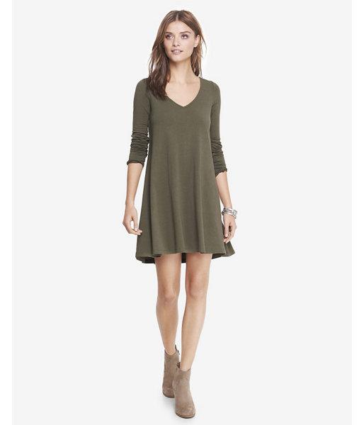 Express Womens Green V-neck Long Sleeve Trapeze Dress
