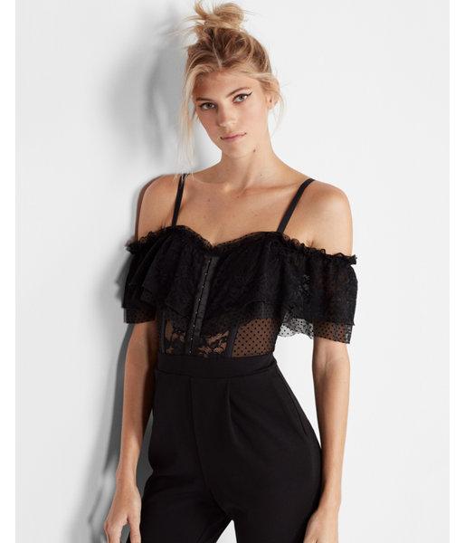 Express Womens Petite Lace Off The Shoulder Jumpsuit