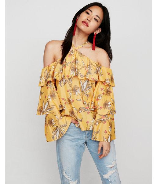 Express Womens Floral Tiered Sleeve Halter Top