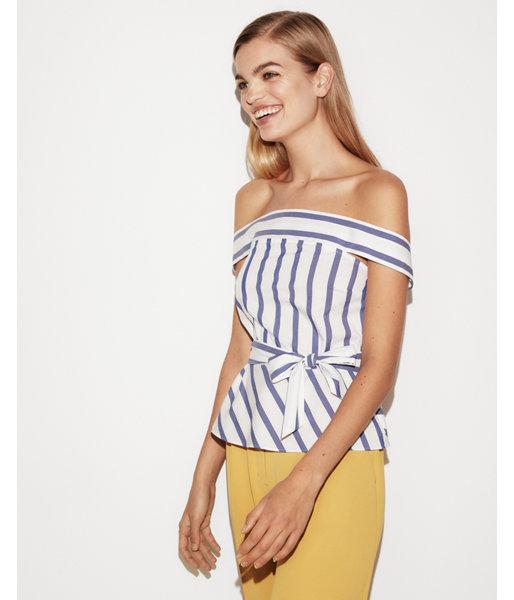 Express Womens Petite Striped Tie Waist Peplum Top