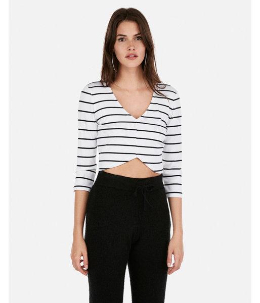Express Womens Olivia Culpo Striped Cropped Hi-lo Tee