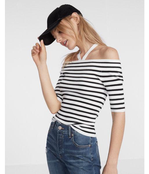 Express Striped Strappy Off The Shoulder Pullover