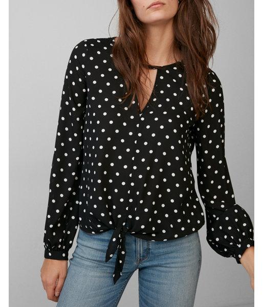 Express Womens Petite Polka Dot Tie Front Cut-out Blouse