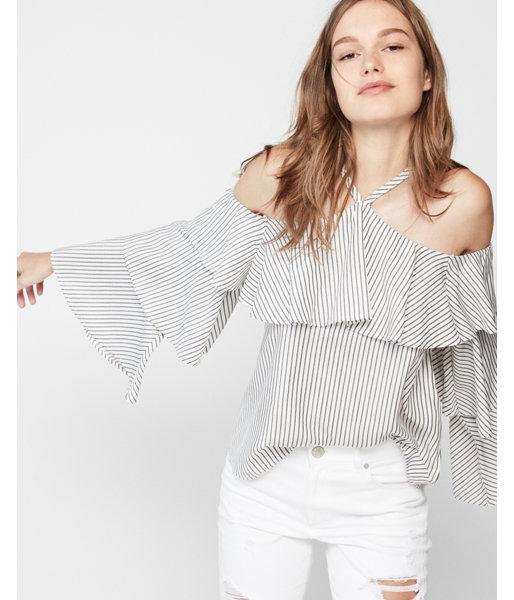 Express Womens Striped Tiered Sleeve Halter Top