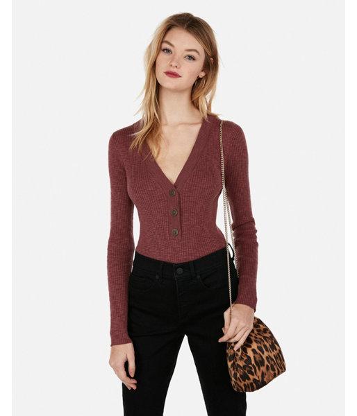 Express Womens Ribbed V-neck Button Henley