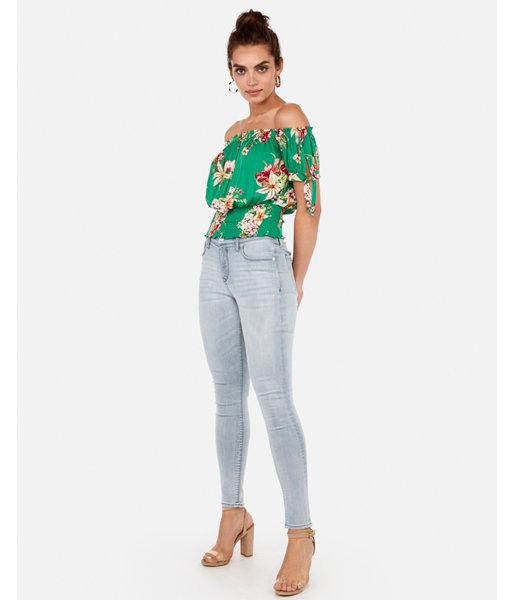 Express Womens Floral Off The Shoulder Tie Sleeve