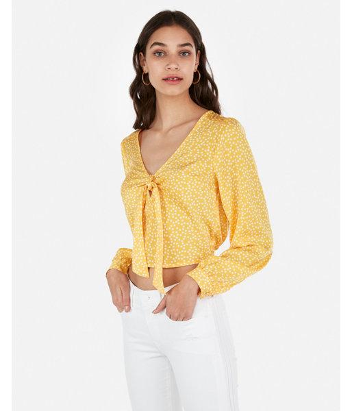 Express Womens Satin Polka Dot Tie Front Long Sleeve Cropped Top