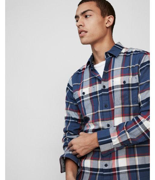 Express Mens Slim Plaid Lightweight Button Front Flannel