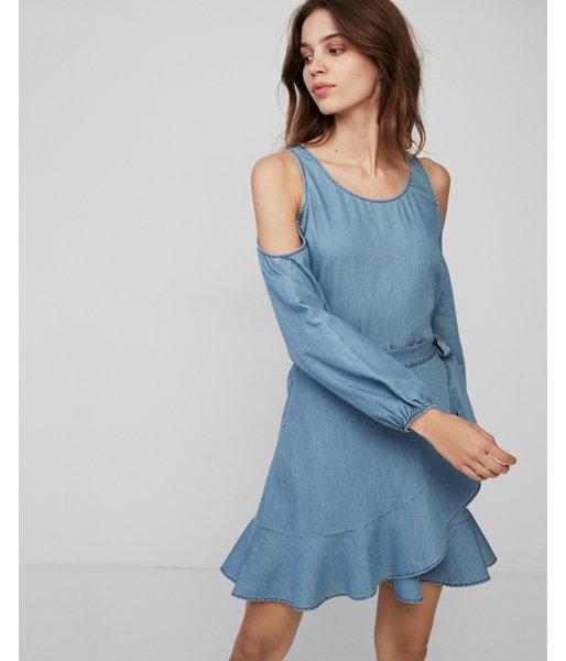Express Womens Cold Shoulder Ruffle Wrap Dress