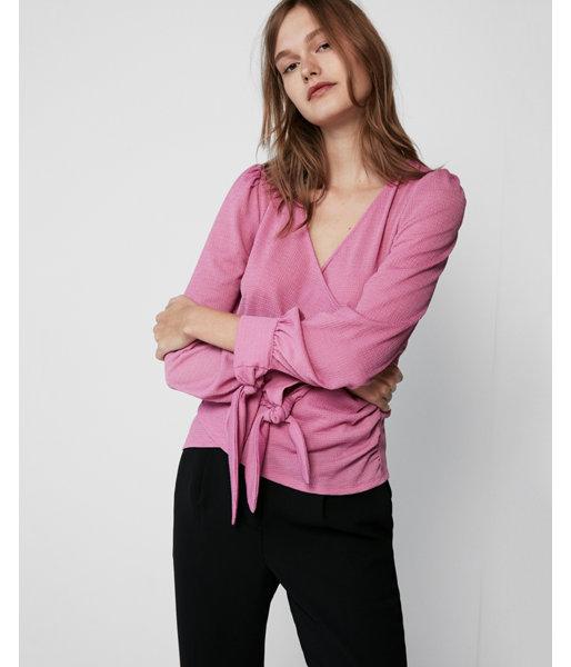 Express Womens Petite Deep V-neck Surplice Tie Cuff Top