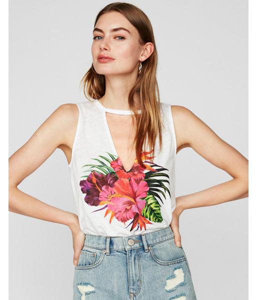 Express Womens Petite Express One Eleven Tropical Choker Neck Tank