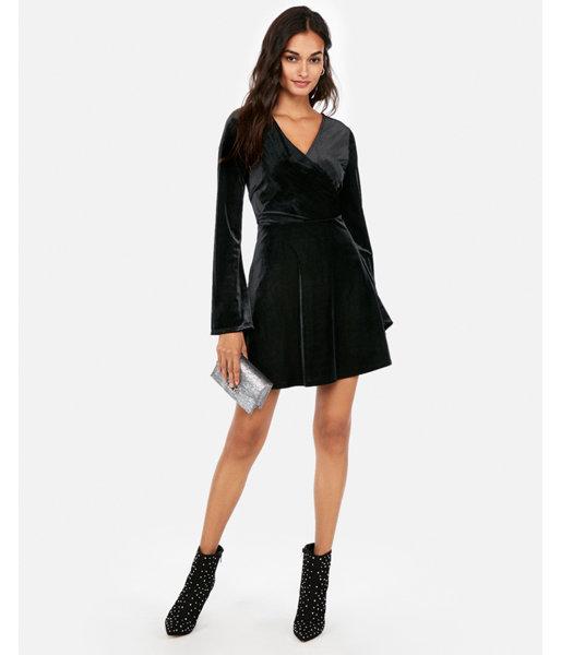 Express Womens Petite Velvet Surplice Fit And Flare Dress