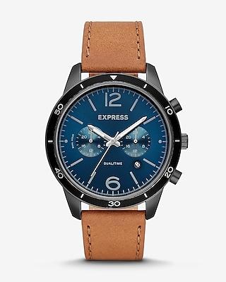 Express Mens Express Mens Brown Leather Strap Blue Face Multi-function Whittier Watch