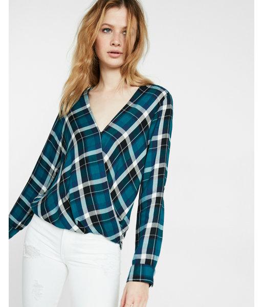 Express Womens Surplice Plaid Top