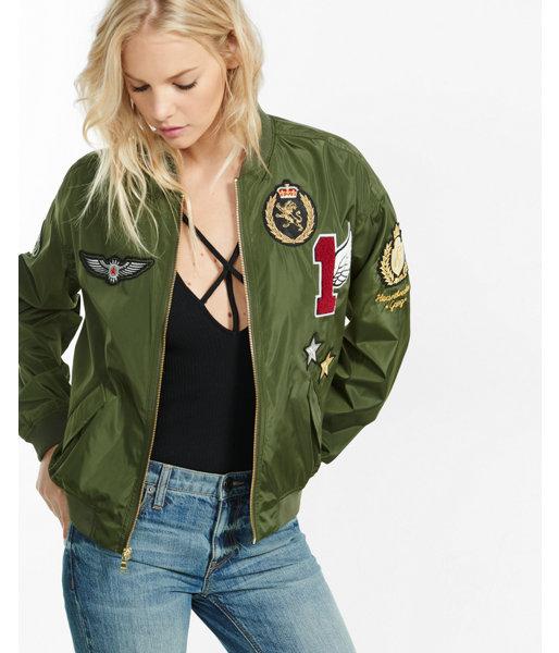 Express Womens Olive Bomber Jacket With Graphic Patches