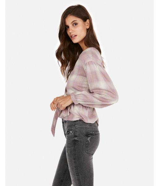 Express Womens Flannel Surplice Wrap Tie Peplum Top