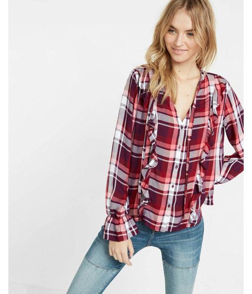 Express Womens Plaid Tie-neck Ruffle