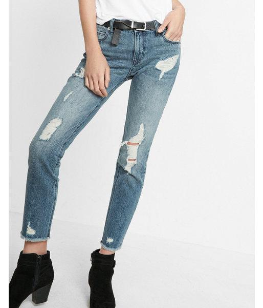 Express Womens Mid Rise Distressed Rigid Girlfriend Jeans