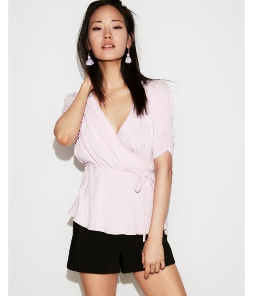 Express Womens Ruched Sleeve V-neck Wrap Top