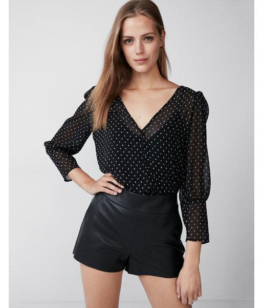 Express Womens Petite Puff Sleeve Polka Dot Blouse