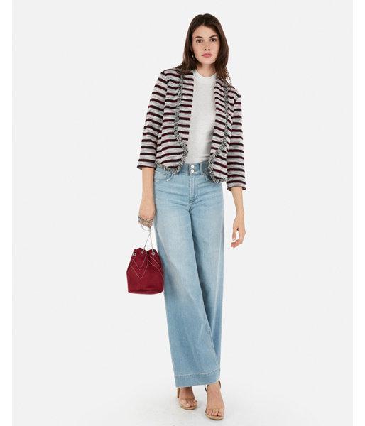 Express Womens Frayed Striped Tweed Knit Cropped Blazer