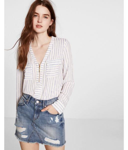 Express Petite Striped Long Sleeve Zip Front Blouse