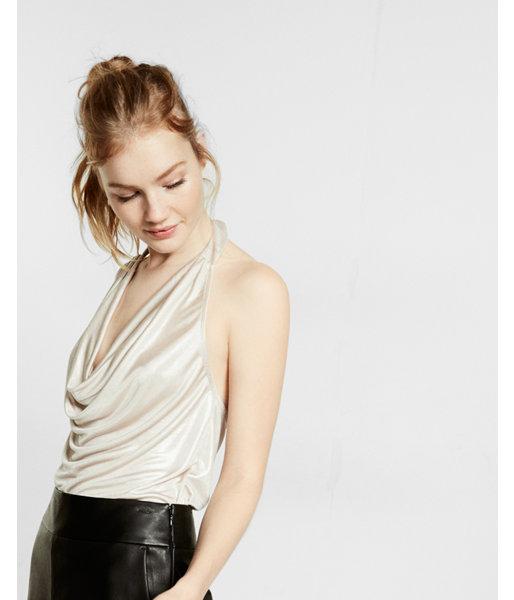 Express Metallic Cowl Neck Halter Tank