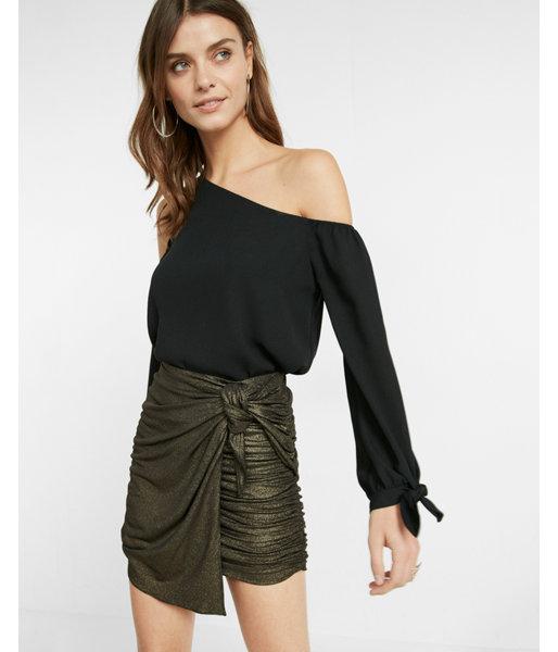 Express One Shoulder Cold Shoulder Tie Cuff Blouse