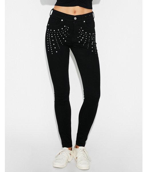 Express Womens High Waisted Black Studded Stretch Jean
