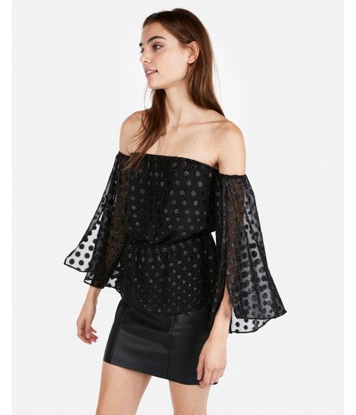 Express Womens Metallic Dot Off The Shoulder Blouse