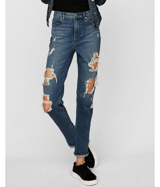 Express Womens Express Womens High Waisted Destroyed Rolled-hem Original Girlfriend Jeans