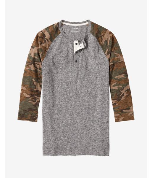 Express Mens Camo Sleeve Baseball Henley