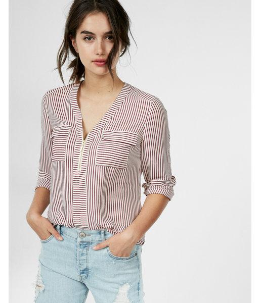 Express Stripe Print Long Sleeve Zip Front Blouse