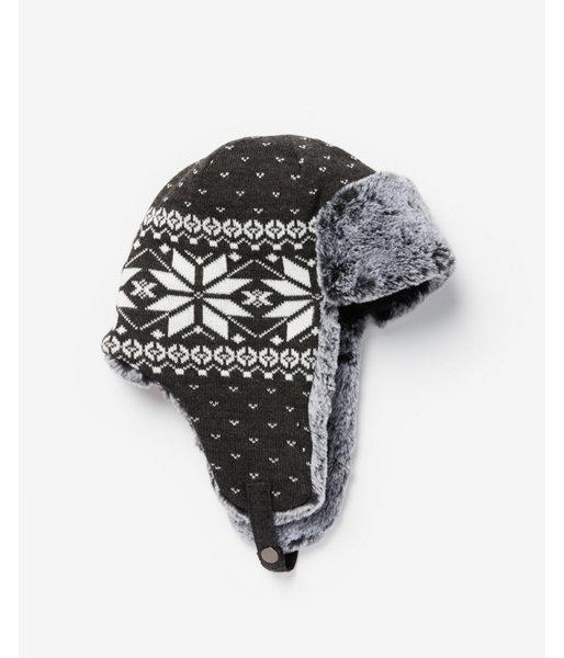 Express Mens Gray Fair Isle Trapper Hat